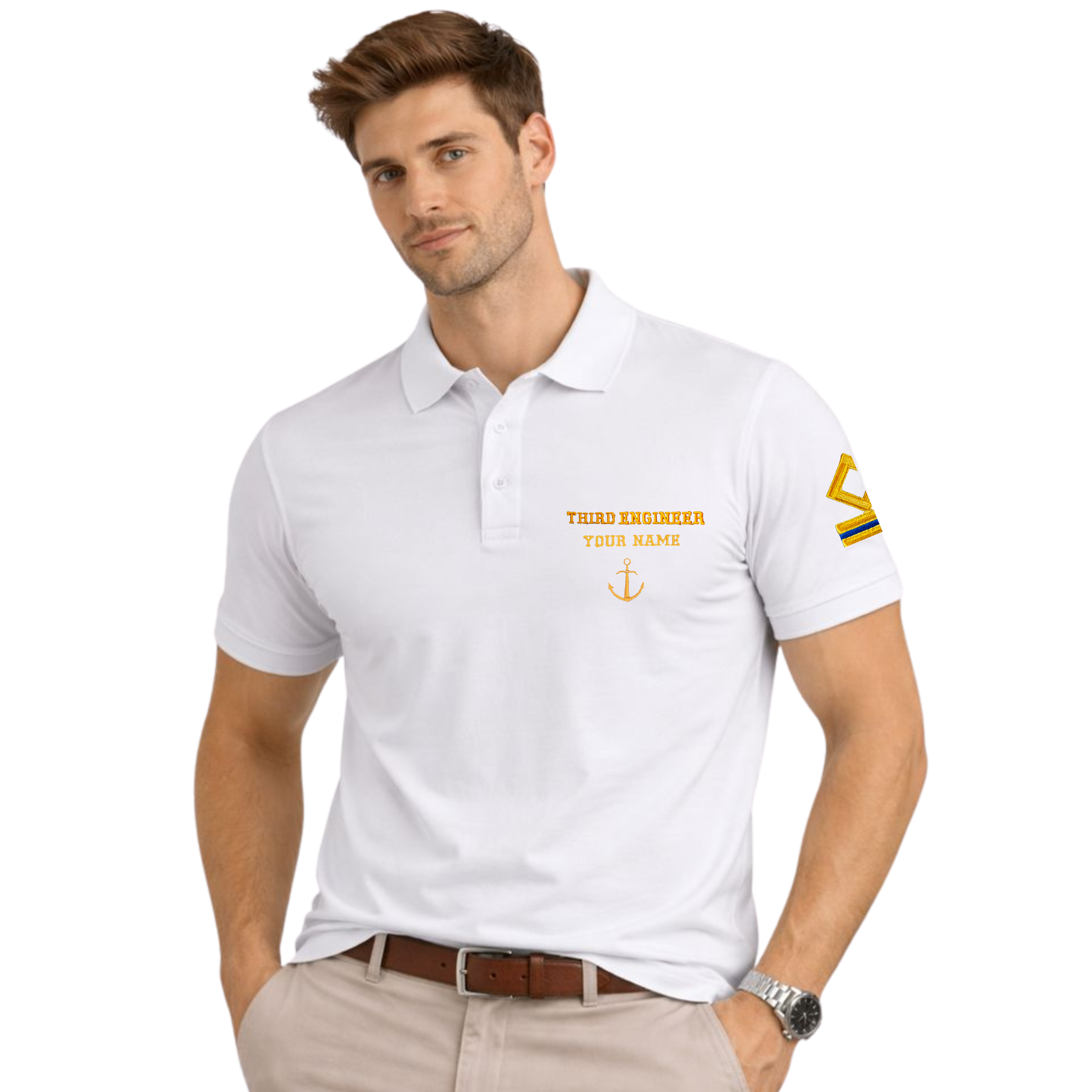 Merchant Navy Premium Third Engineer t-shirt polo with left chest and sleeves embroidery