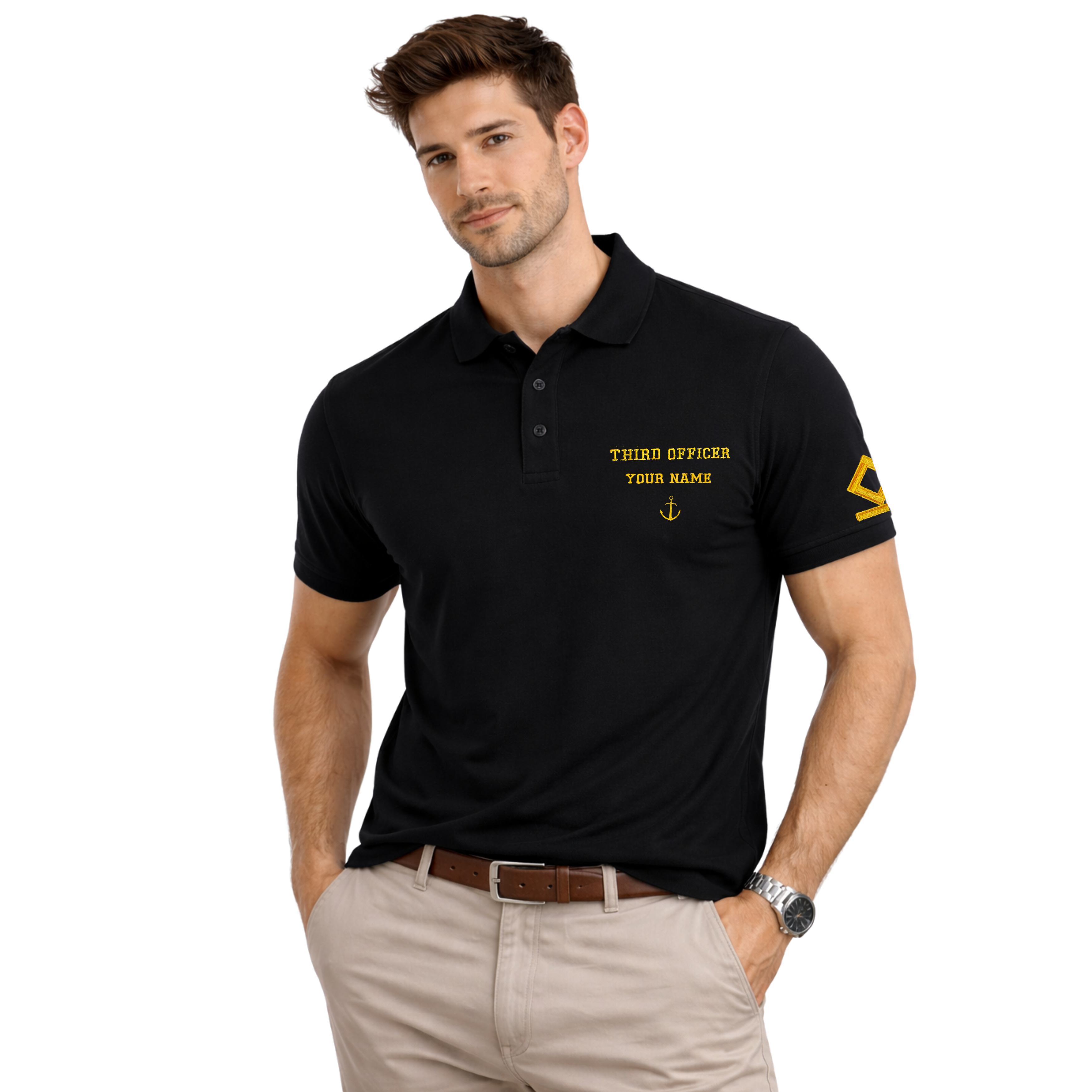 Merchant Navy Premium Third Officer polo t-shirt with left chest and sleeves embroidery.