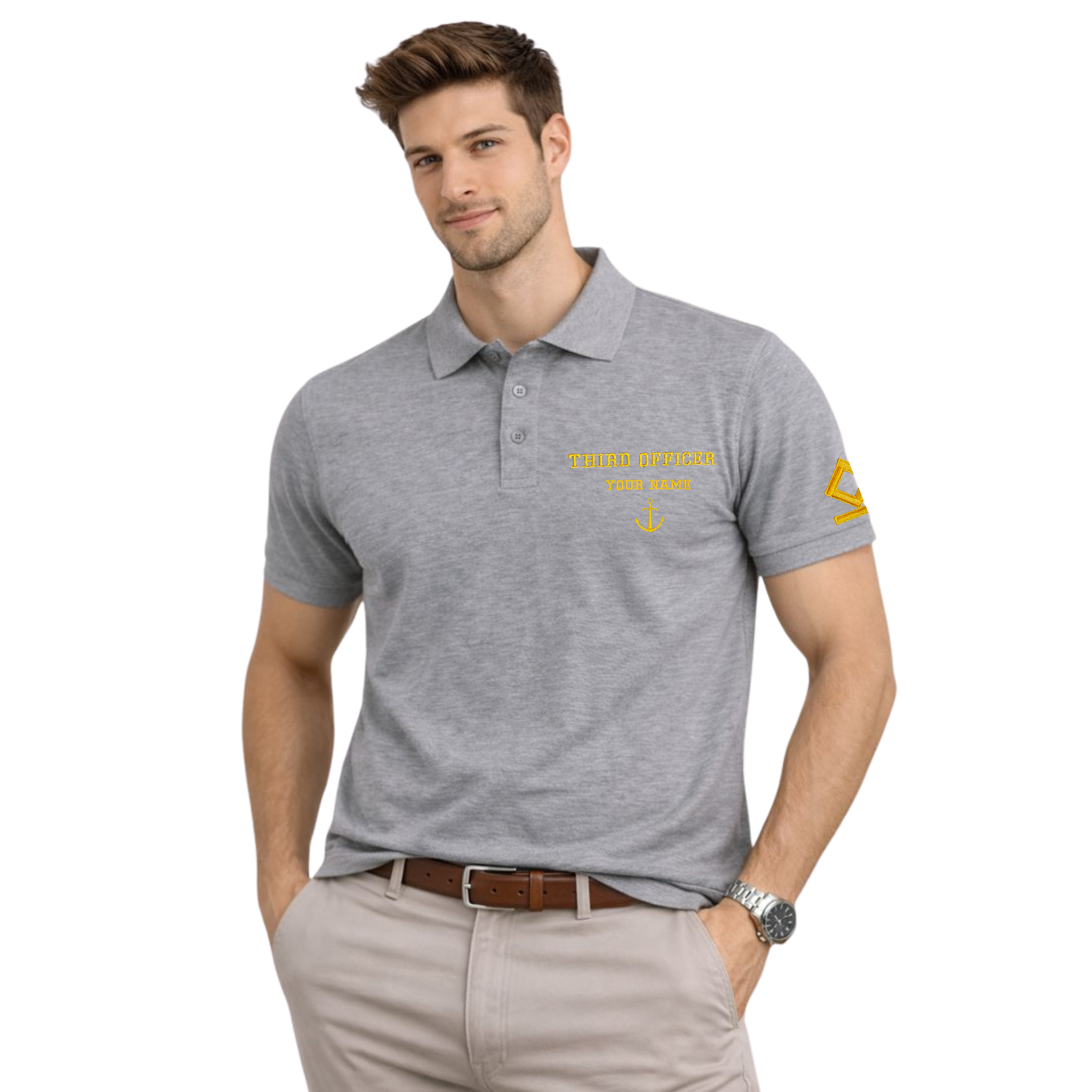 Merchant Navy Premium Third Officer polo t-shirt with left chest and sleeves embroidery.
