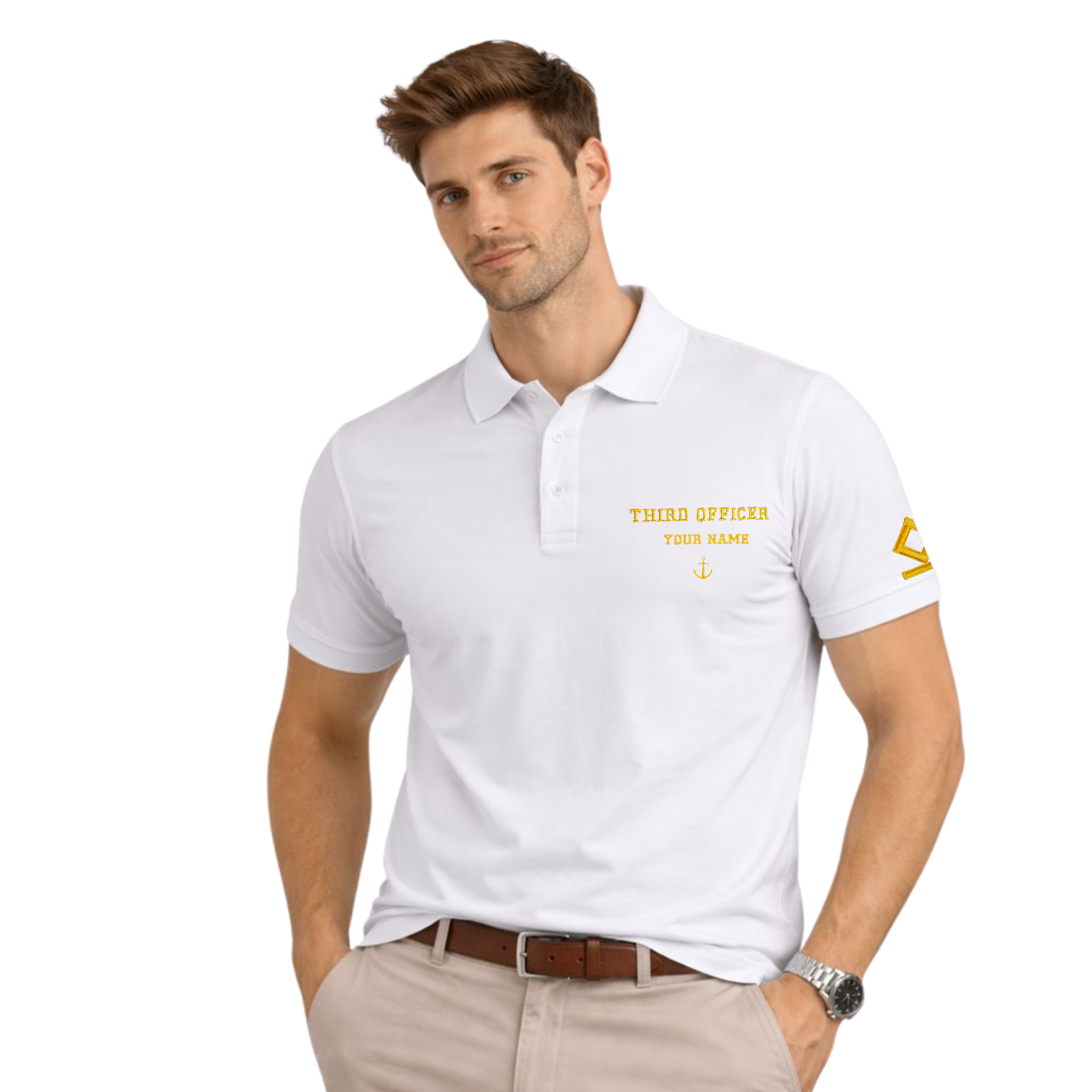 Merchant Navy Premium Third Officer polo t-shirt with left chest and sleeves embroidery.