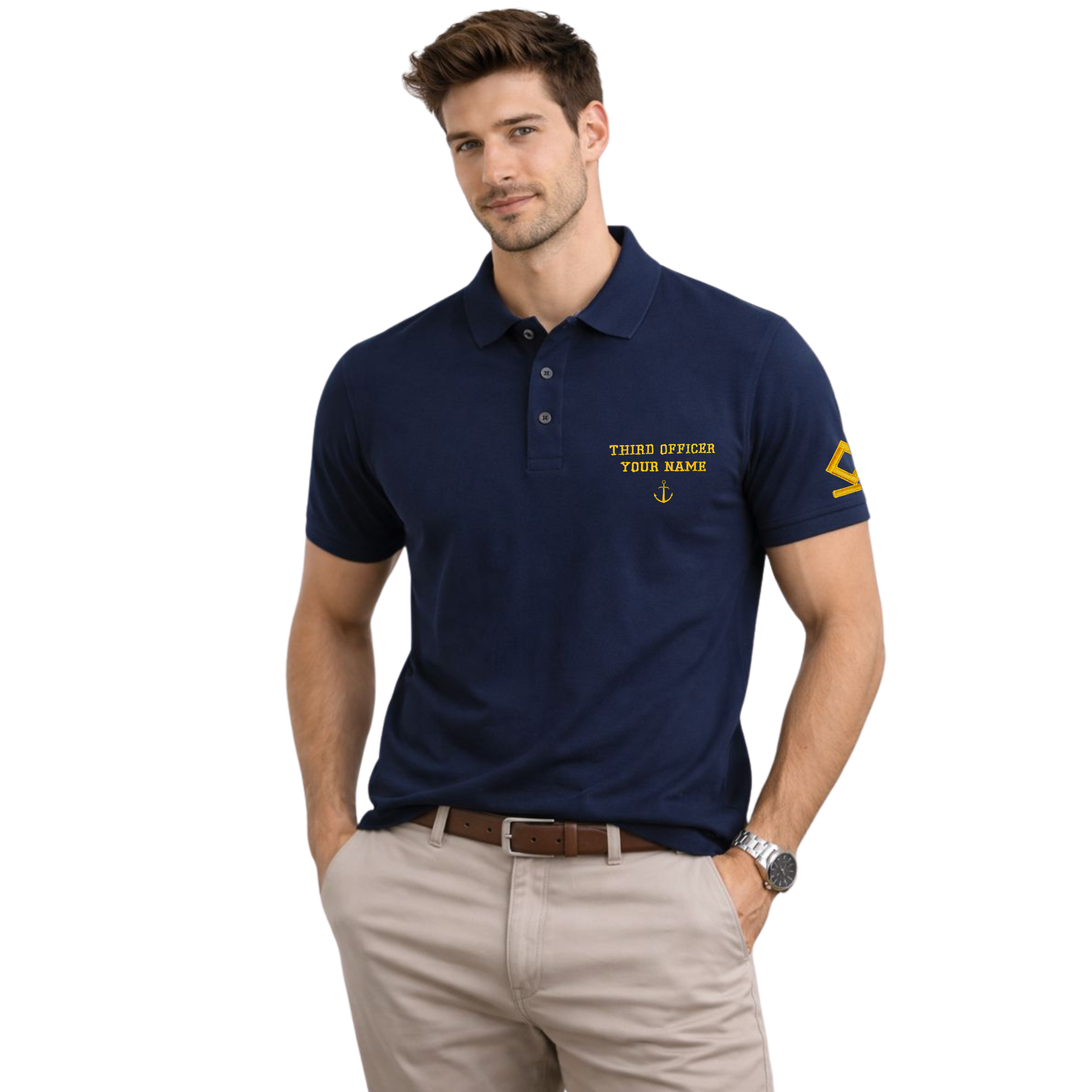 Merchant Navy Premium Third Officer polo t-shirt with left chest and sleeves embroidery.