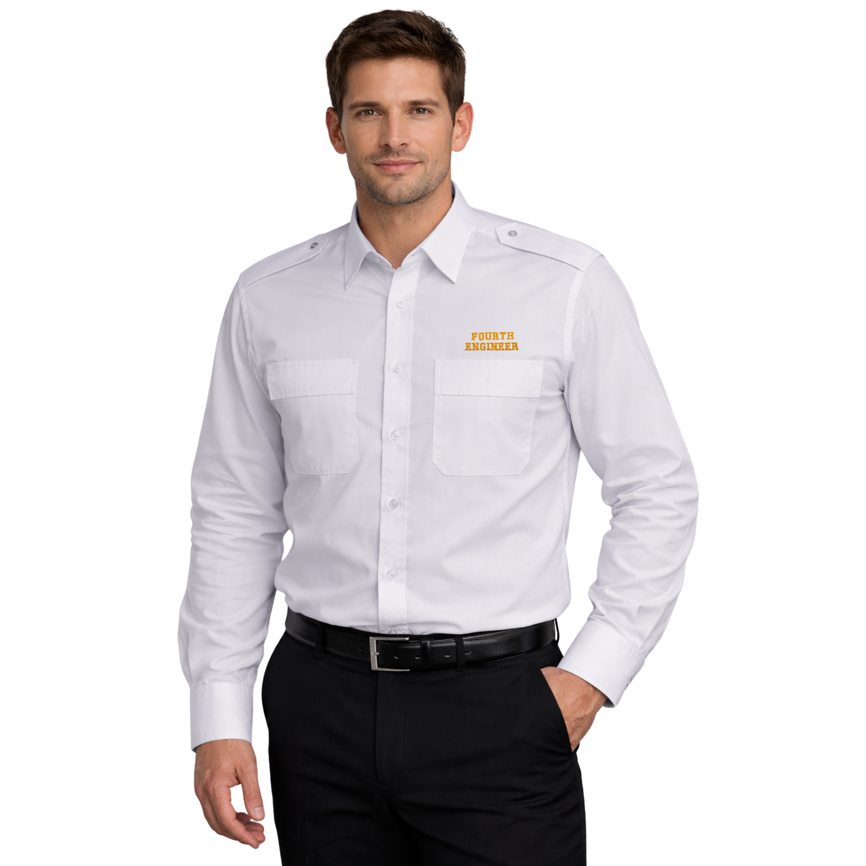 Premium Merchant Navy Fourth Engineer Uniform Shirt with “FOURTH ENGINEER” Embroidery | Full Sleeves | 100% Cotton | Epaulette Holder