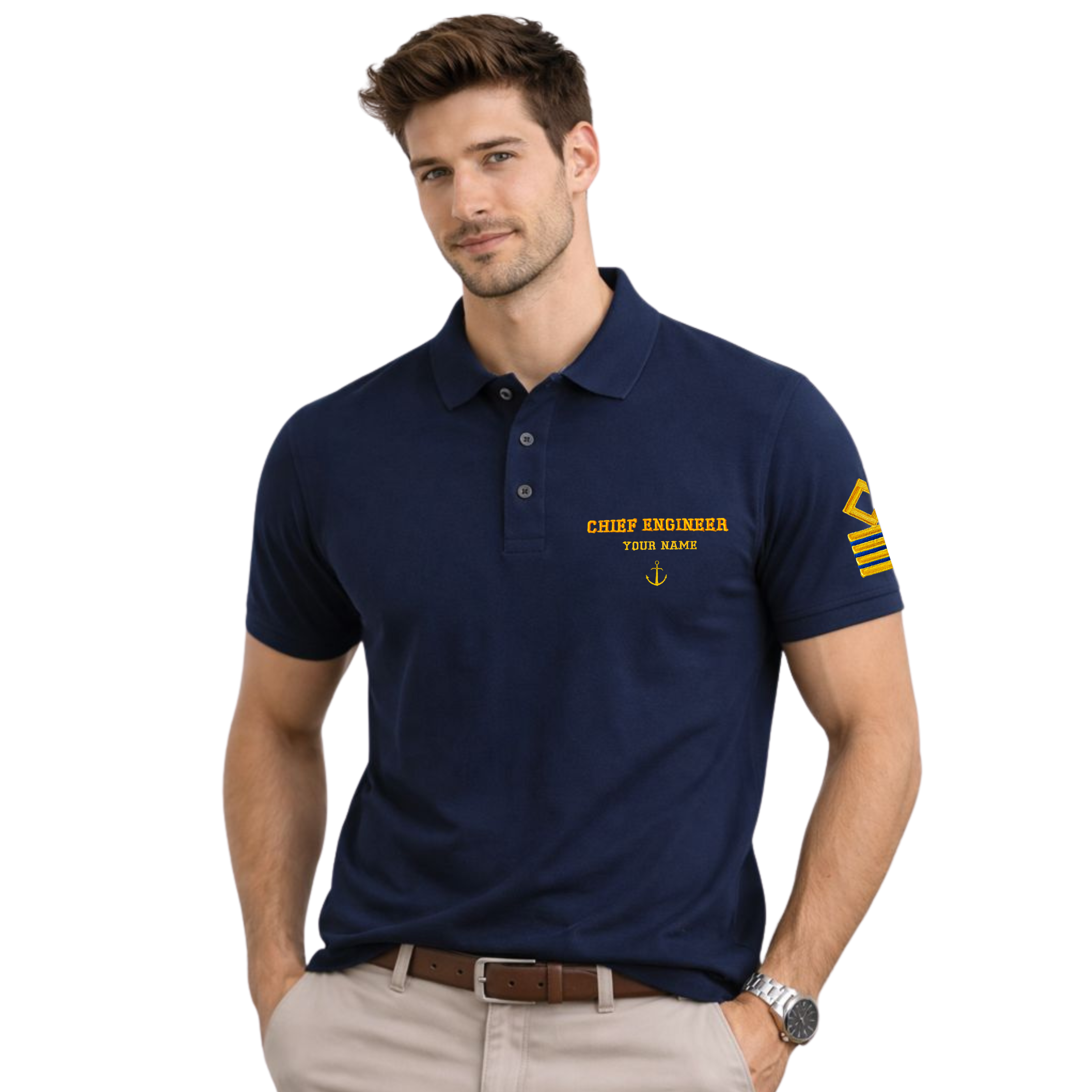 Merchant Navy Premium Chief Engineer polo t-shirt with left chest and sleeves embroidery.
