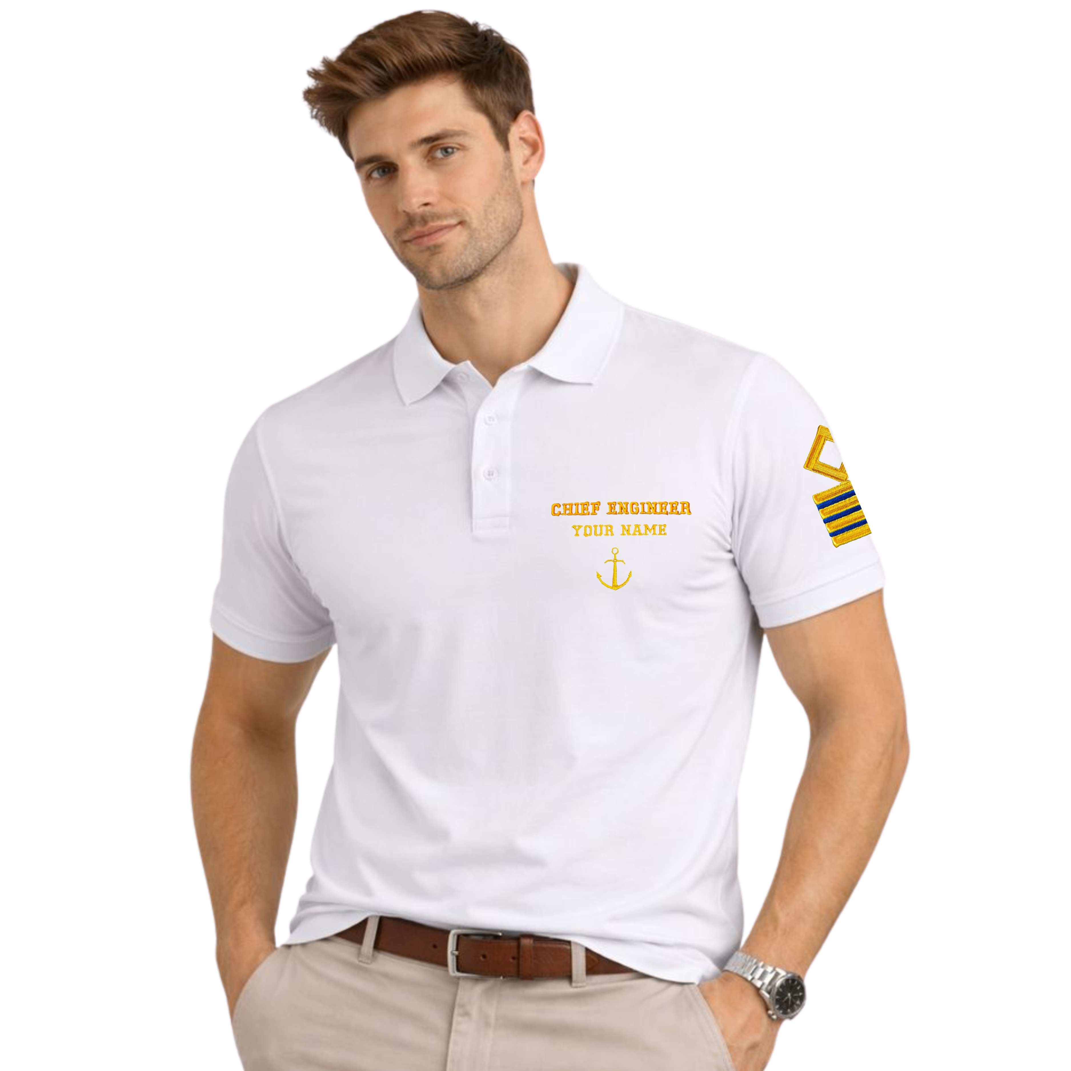 Merchant Navy Premium Chief Engineer polo t-shirt with left chest and sleeves embroidery.