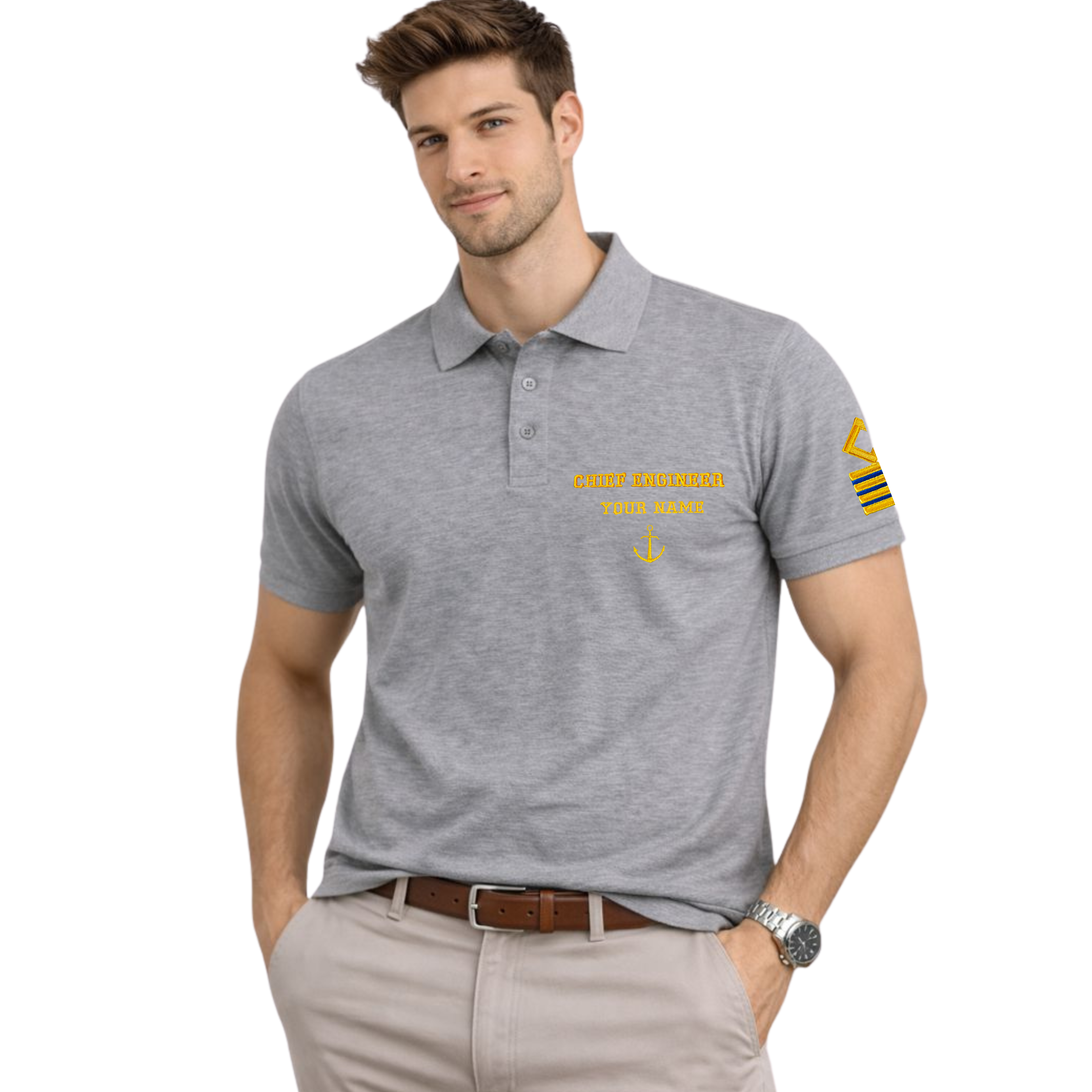 Merchant Navy Premium Chief Engineer polo t-shirt with left chest and sleeves embroidery.