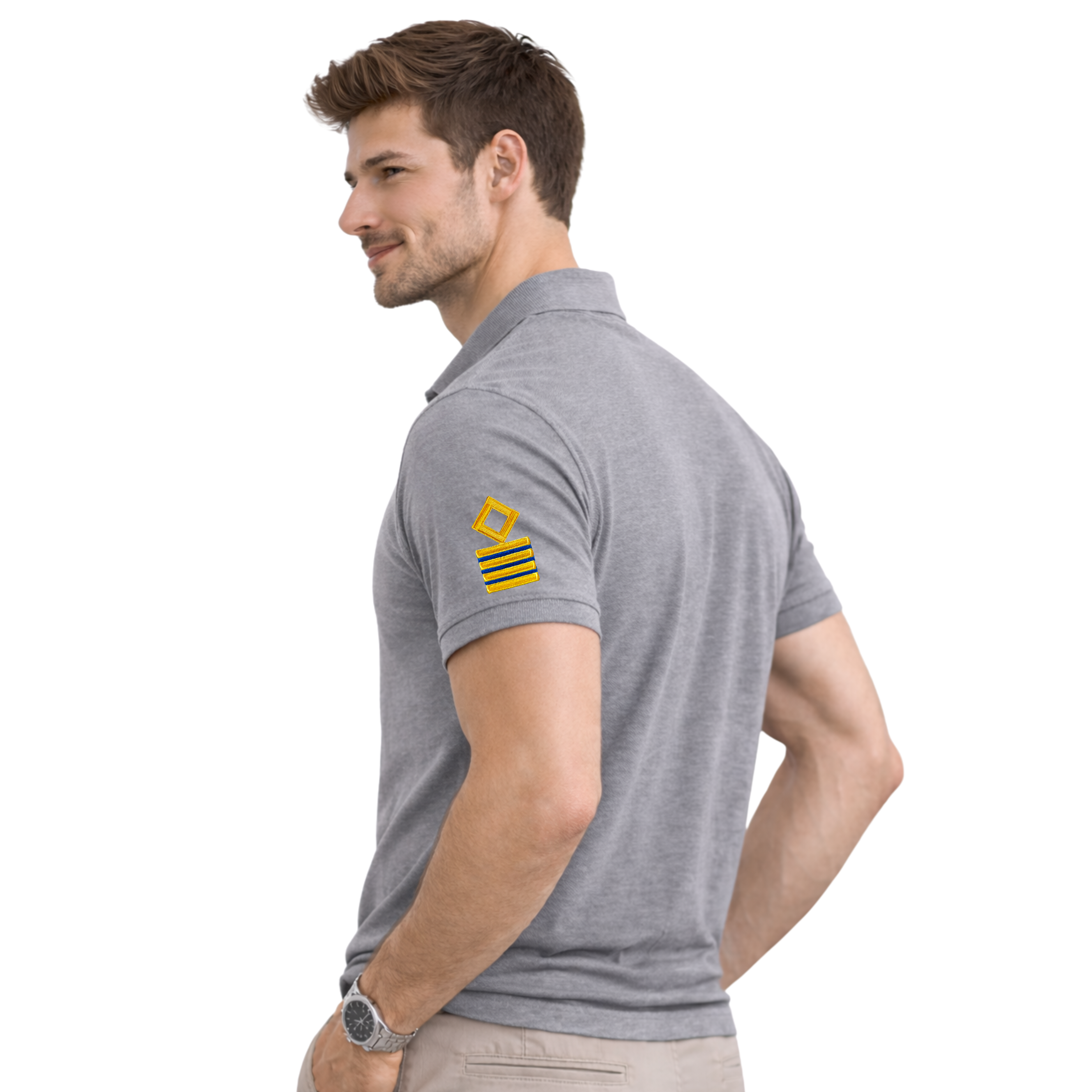 Merchant Navy Premium Chief Engineer polo t-shirt with left chest and sleeves embroidery.