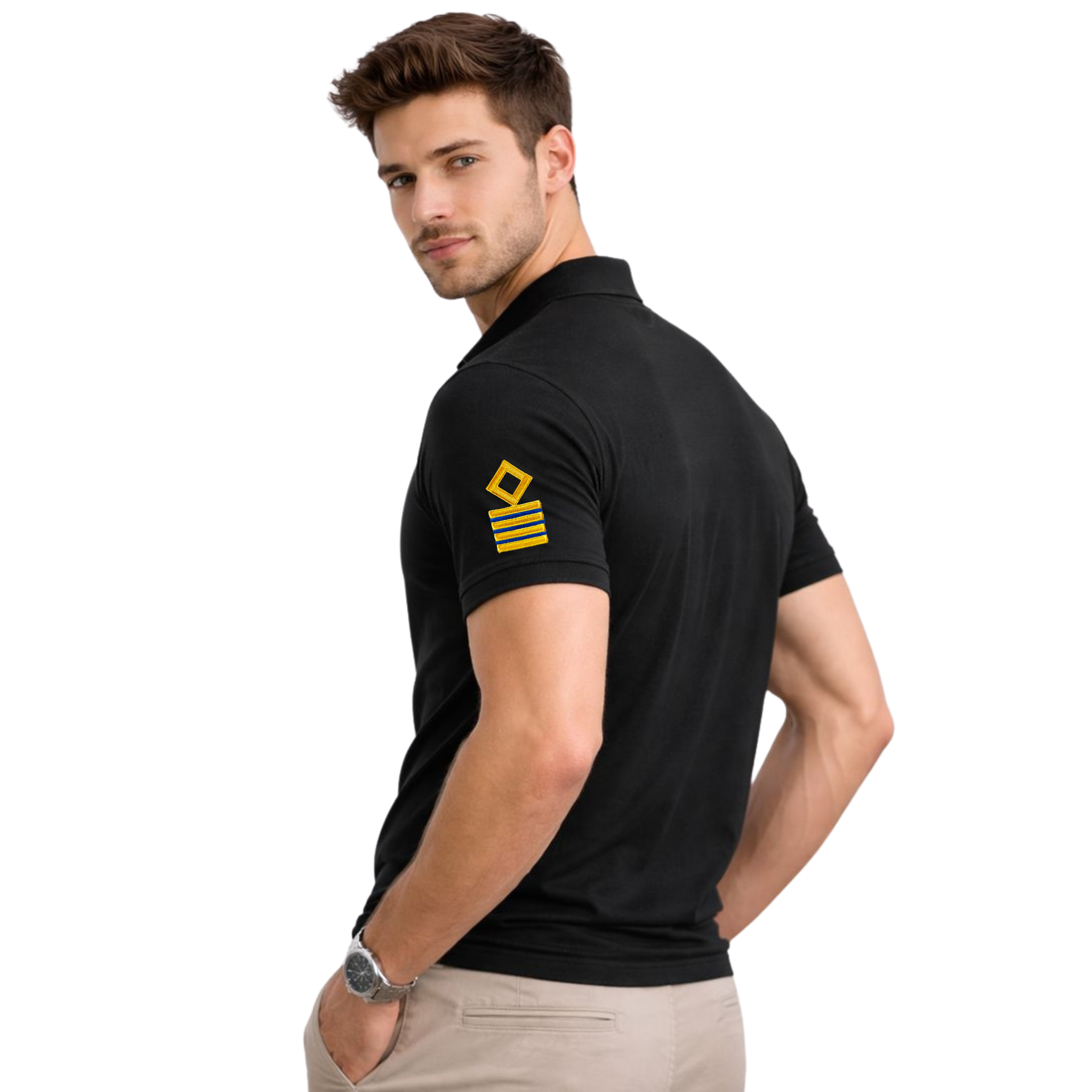 Merchant Navy Premium Chief Engineer polo t-shirt with left chest and sleeves embroidery.