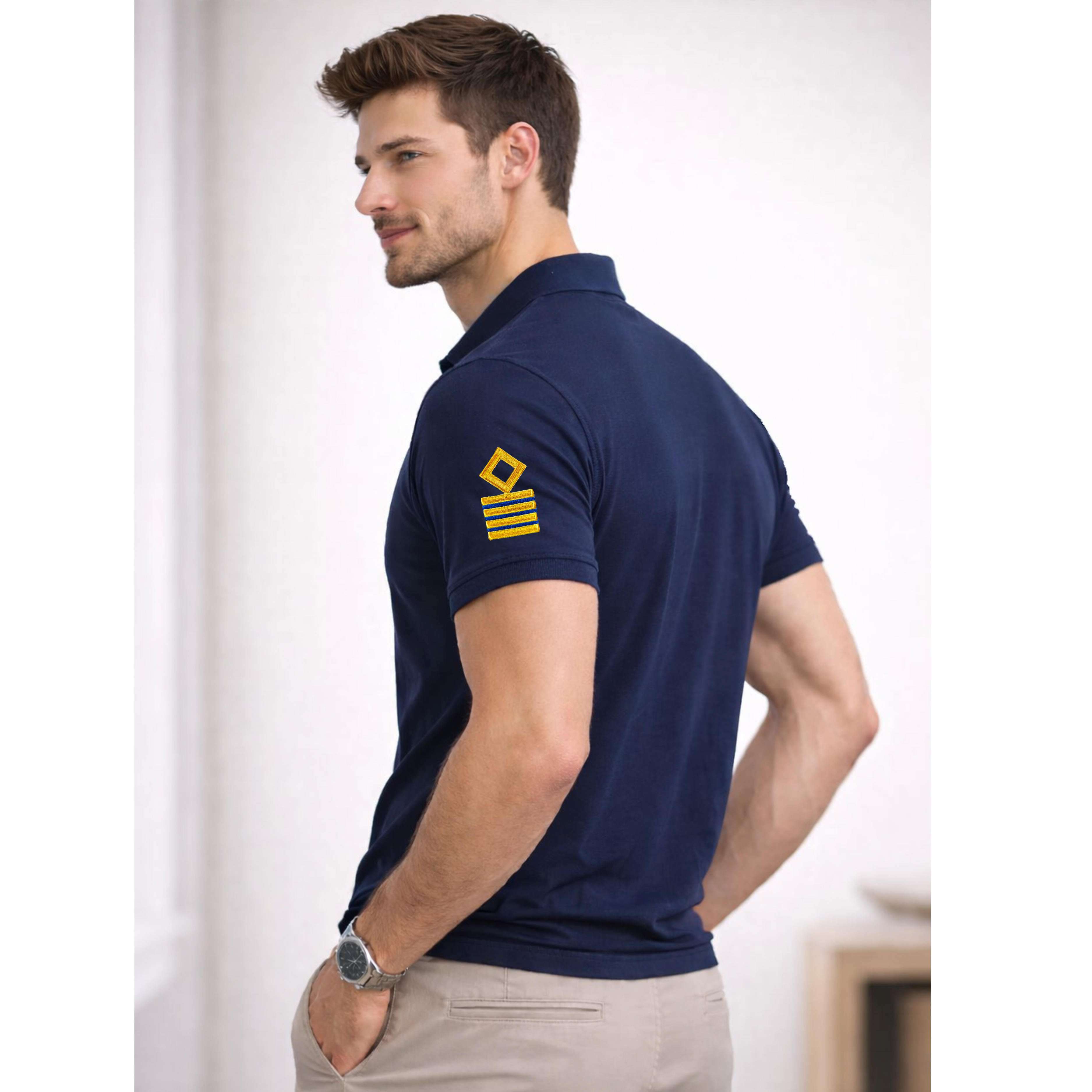 Merchant Navy Premium Chief Engineer polo t-shirt with left chest and sleeves embroidery.