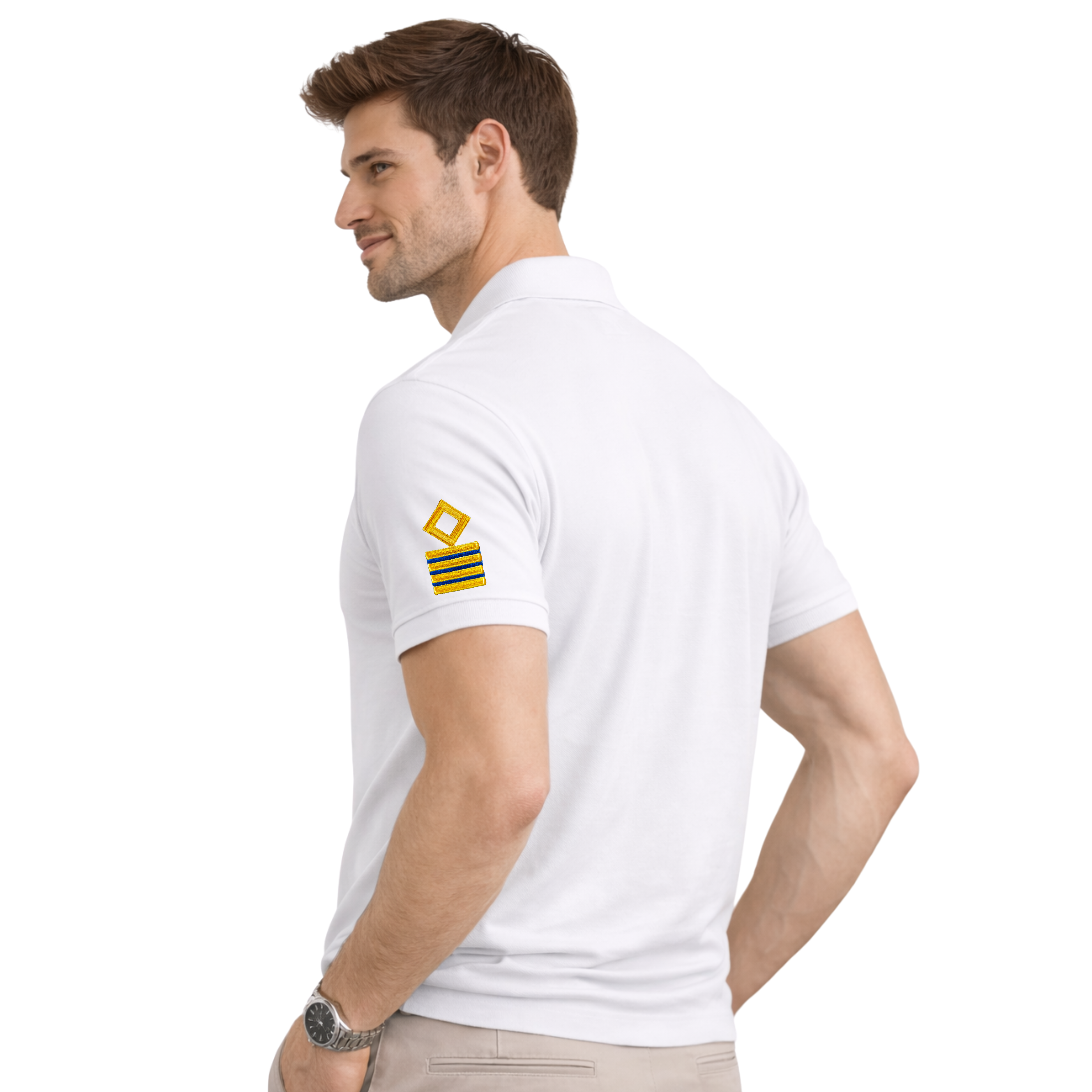 Merchant Navy Premium Chief Engineer polo t-shirt with left chest and sleeves embroidery.