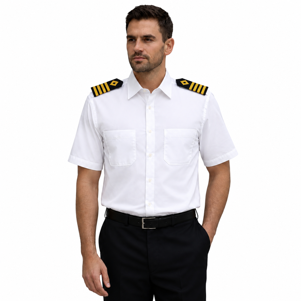 Merchant Navy Premium White Shirt 100% Cotton With Shoulder Strap - Half Sleeves