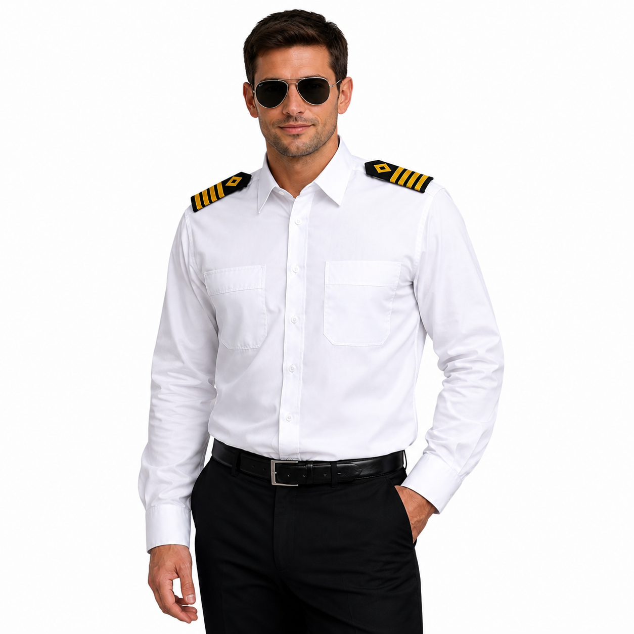 Merchant Navy Premium White Shirt 100% Cotton With Shoulder Strap - Full Sleeves