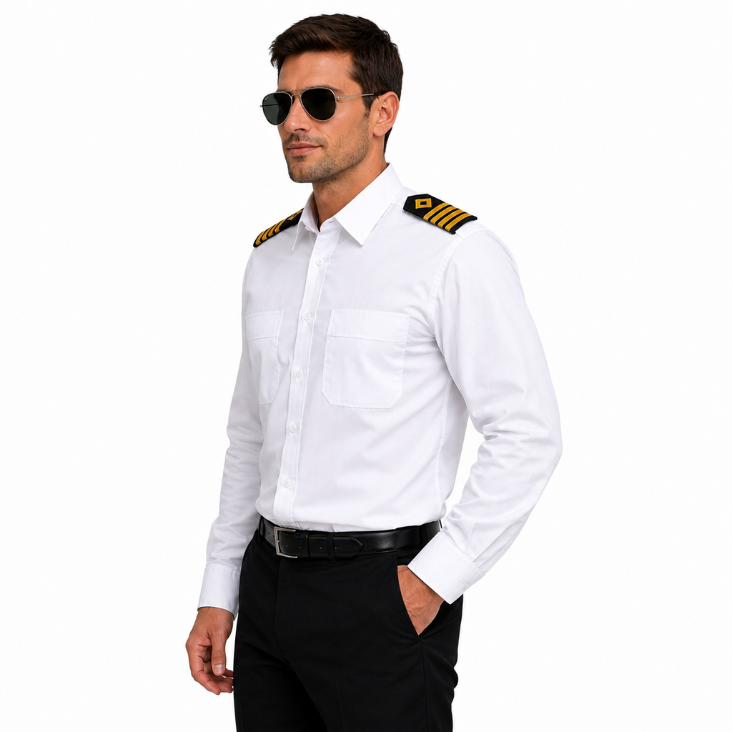 Merchant Navy Premium White Shirt 100% Cotton With Shoulder Strap - Full Sleeves