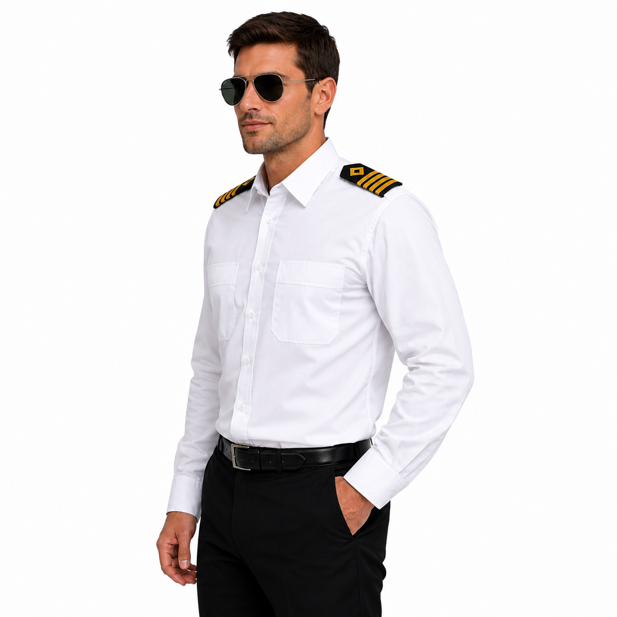 Merchant Navy Premium White Shirt 100% Cotton With Shoulder Strap - Full Sleeves