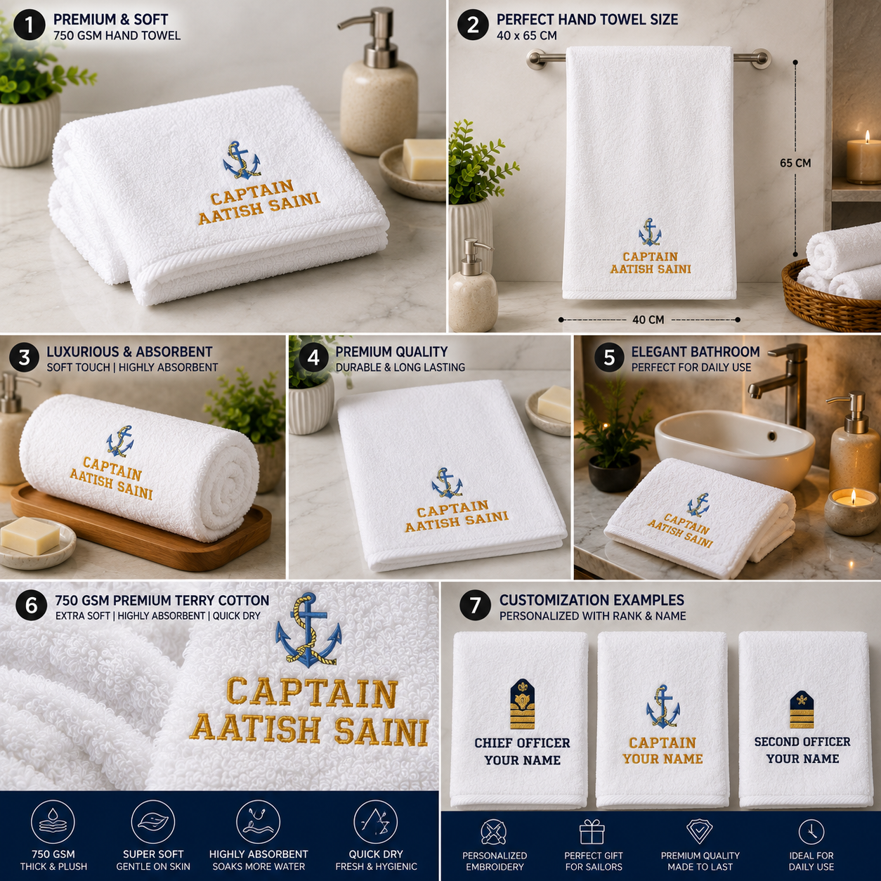 Jahaazi Personalized Merchant Navy Hand Towel – Premium 550 GSM 100% Cotton | 40 x 60 cm