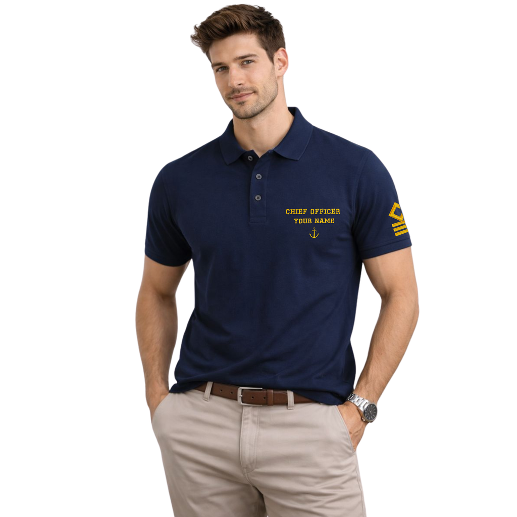 Merchant Navy Premium Chief Officer t-shirt polo with left chest and sleeves embroidery