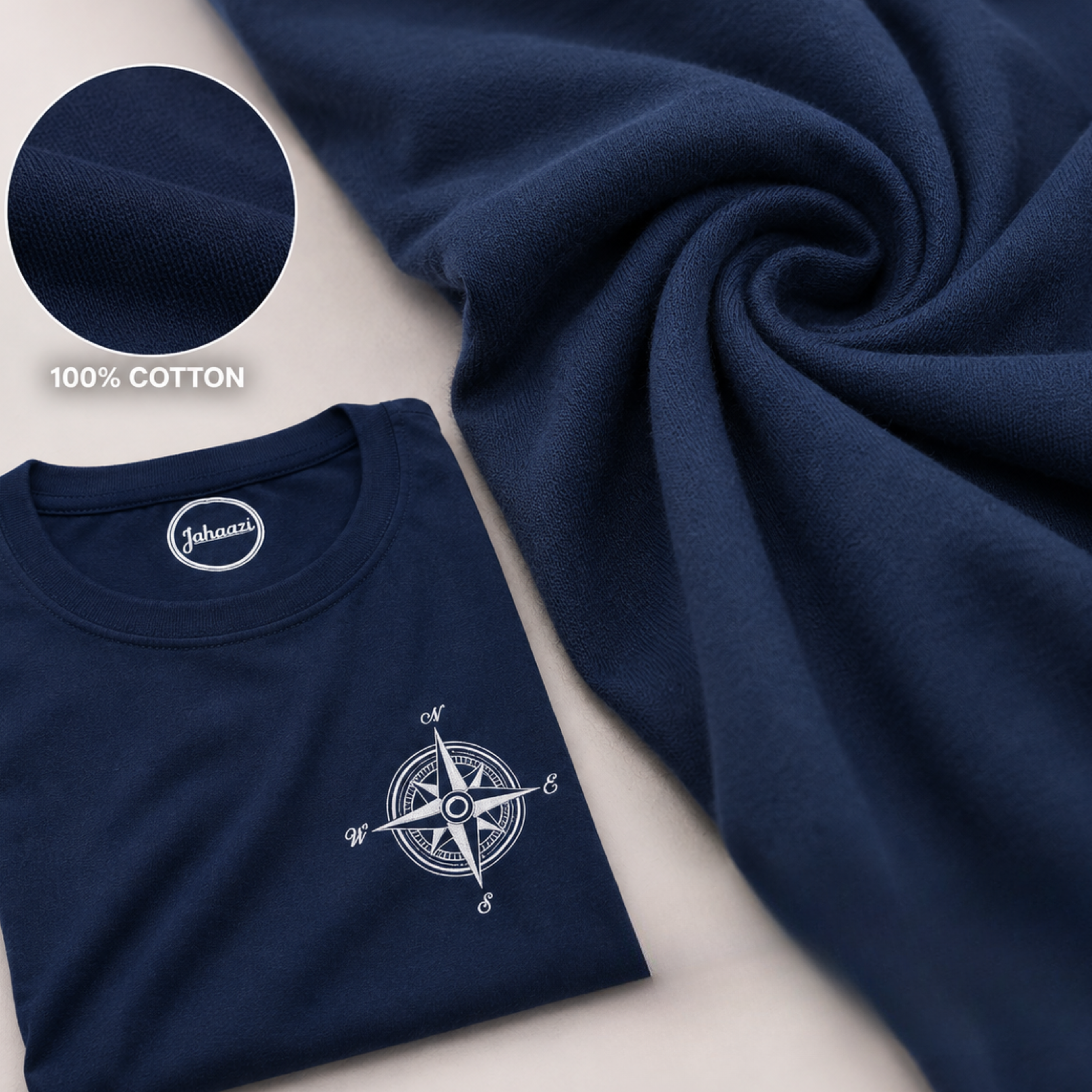 Jahaazi Premium 100% Cotton T-Shirt with Embroidered Compass Design | Round Neck