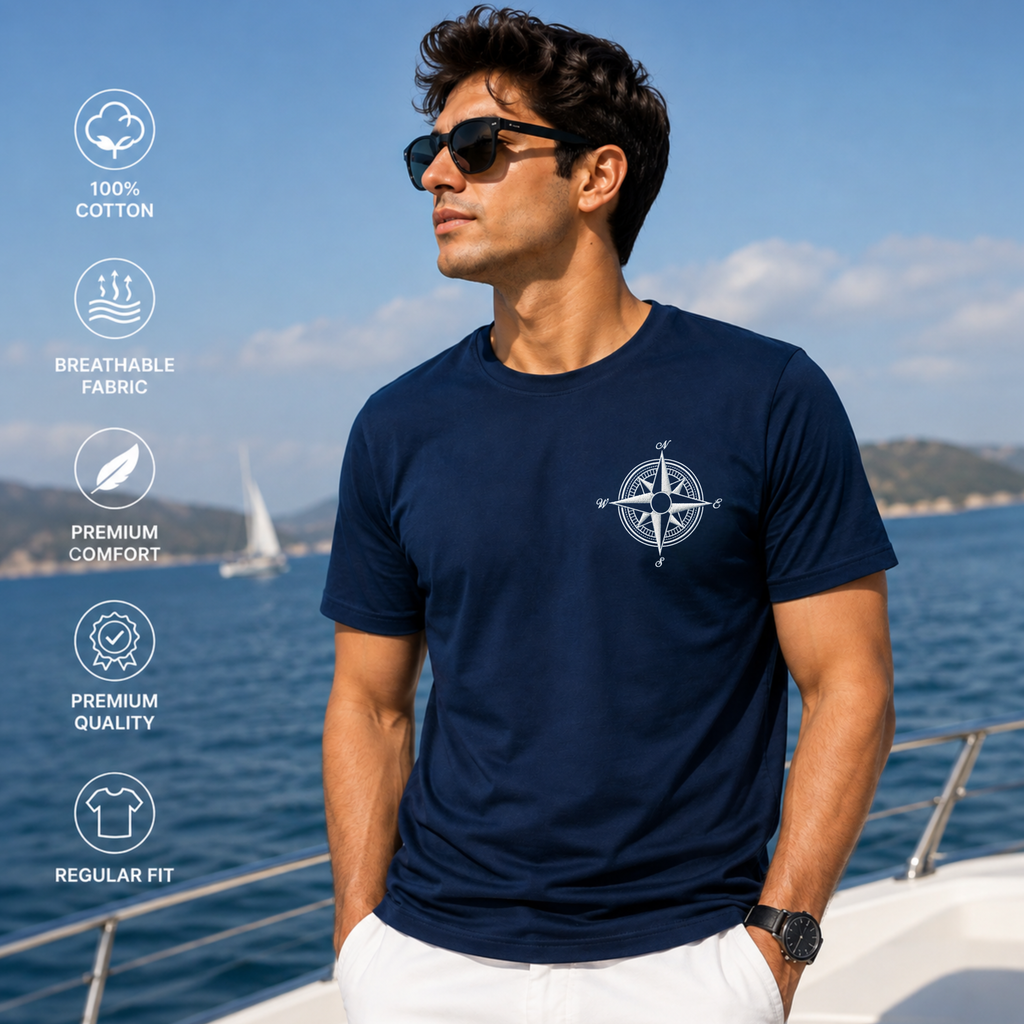 Jahaazi Premium 100% Cotton T-Shirt with Embroidered Compass Design | Round Neck