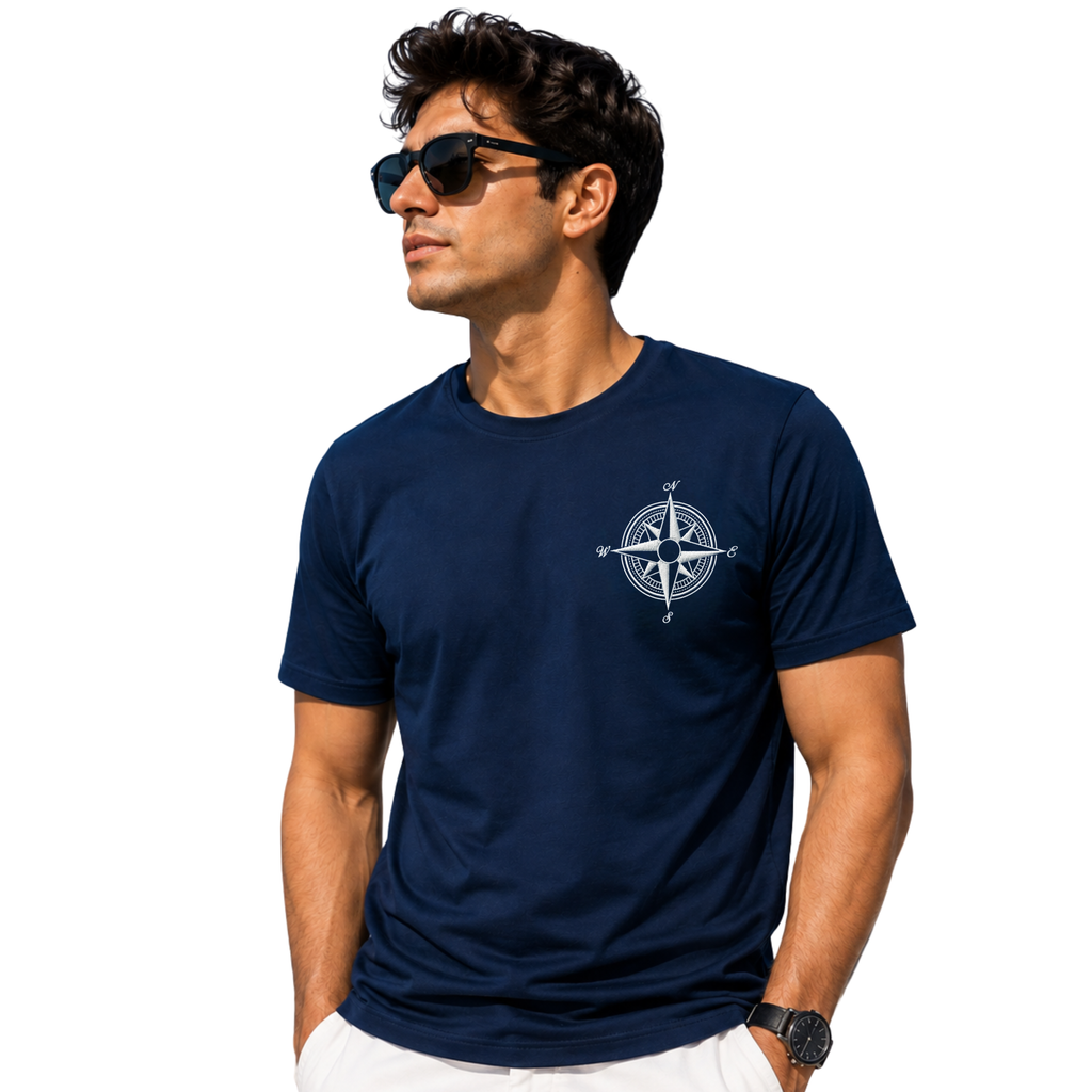 Jahaazi Premium 100% Cotton T-Shirt with Embroidered Compass Design | Round Neck