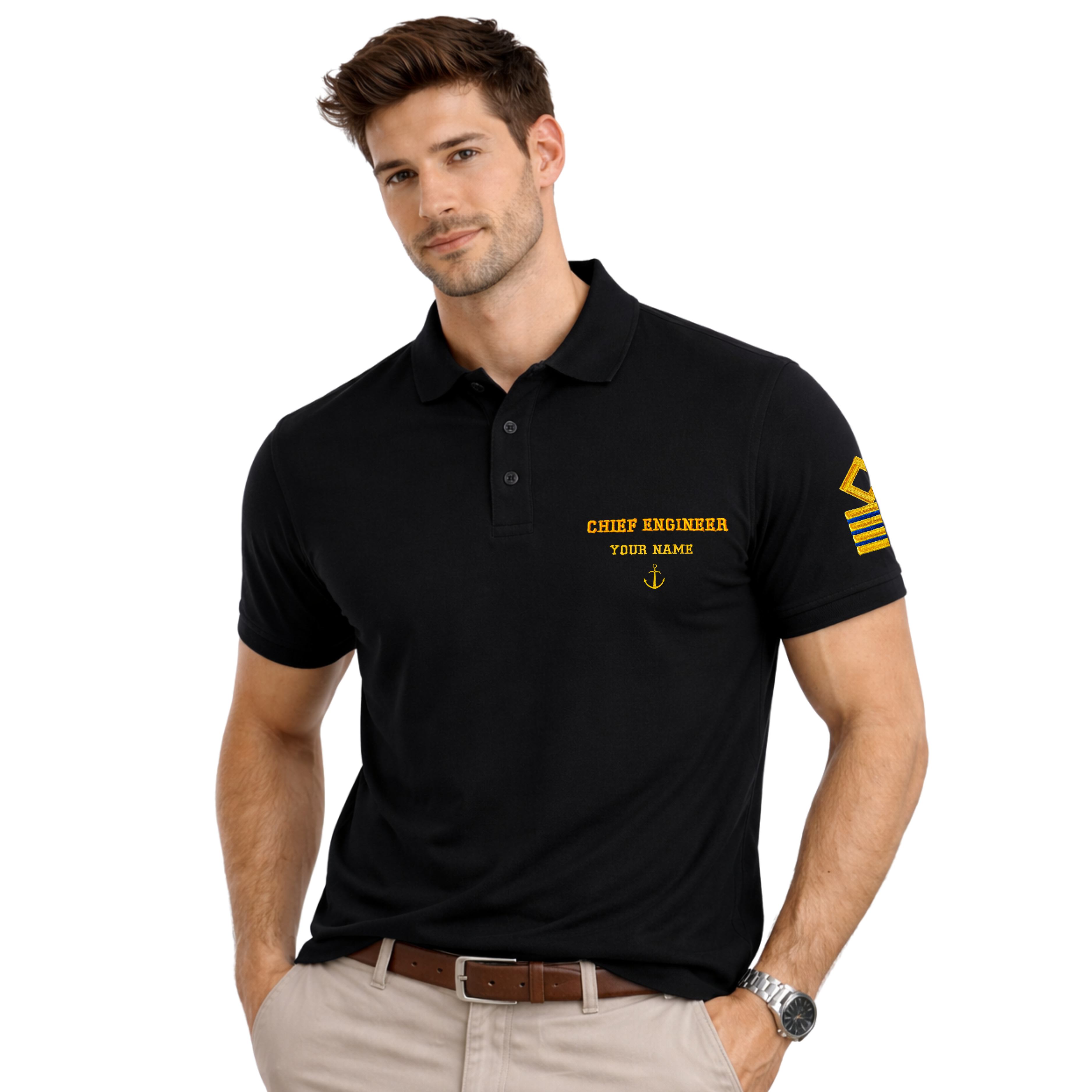 Merchant Navy Premium Chief Engineer polo t-shirt with left chest and sleeves embroidery.