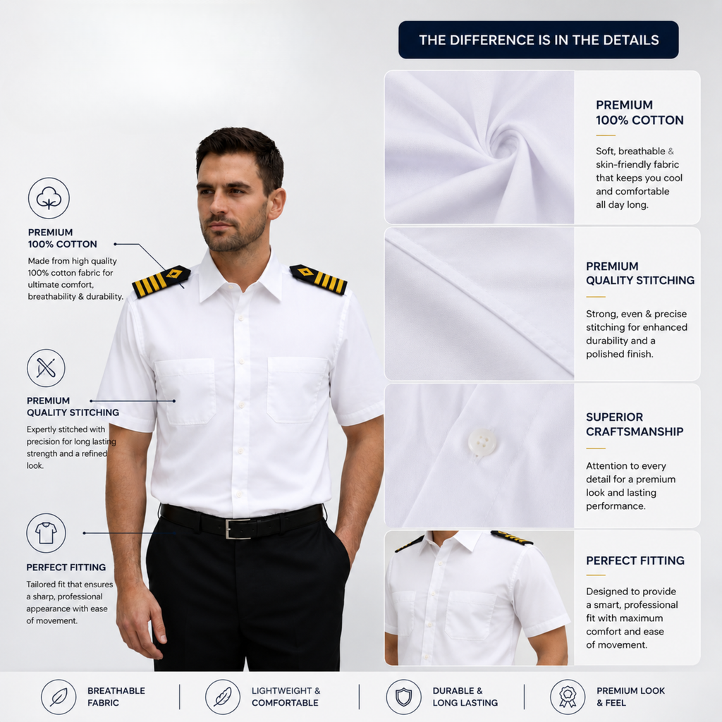 Merchant Navy Premium White Shirt 100% Cotton With Shoulder Strap - Half Sleeves