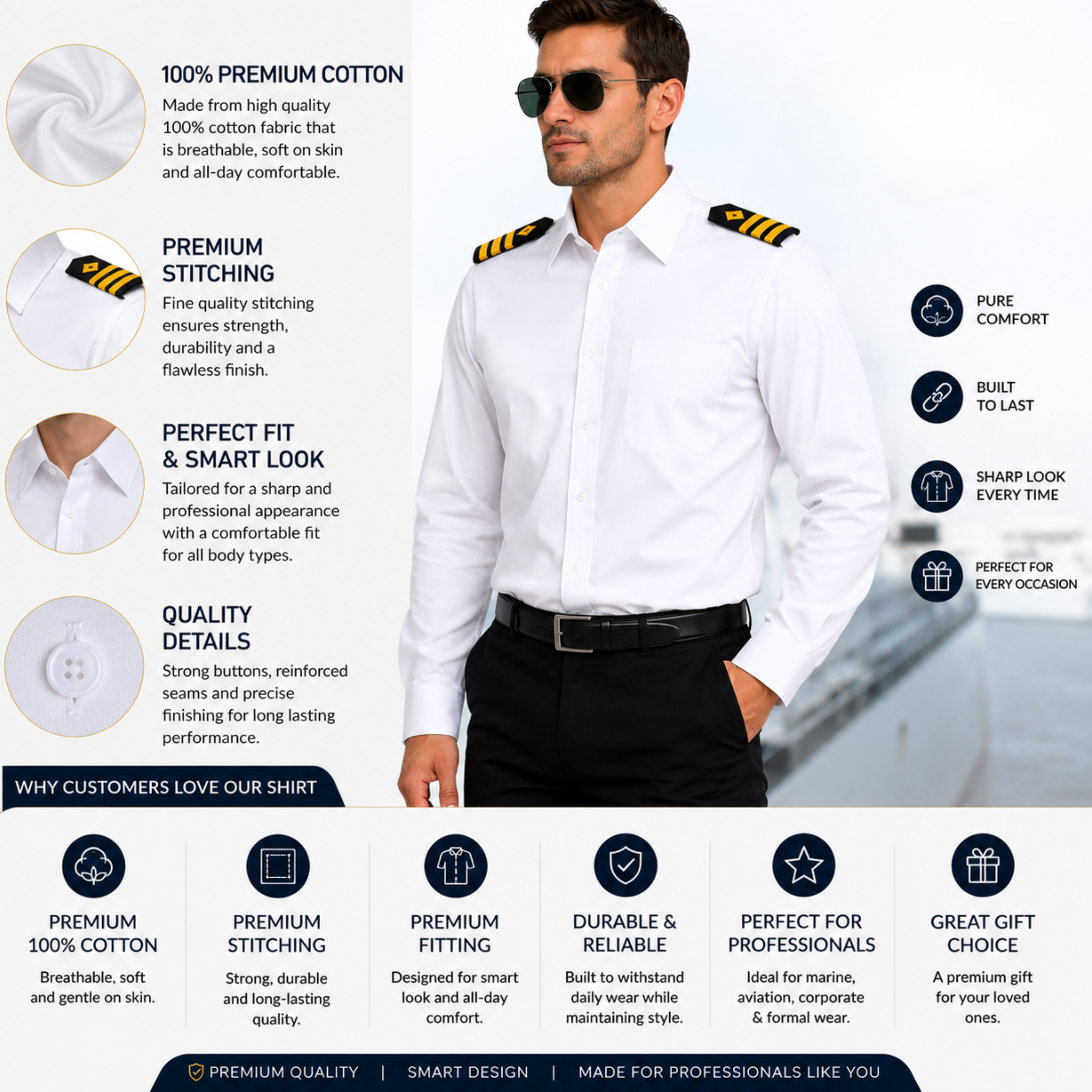 Merchant Navy Premium White Shirt 100% Cotton With Shoulder Strap - Full Sleeves