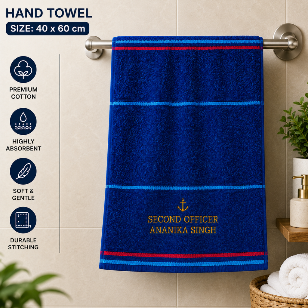 Jahaazi Personalized Merchant Navy Hand Towel – Premium 550 GSM 100% Cotton | 40 x 60 cm
