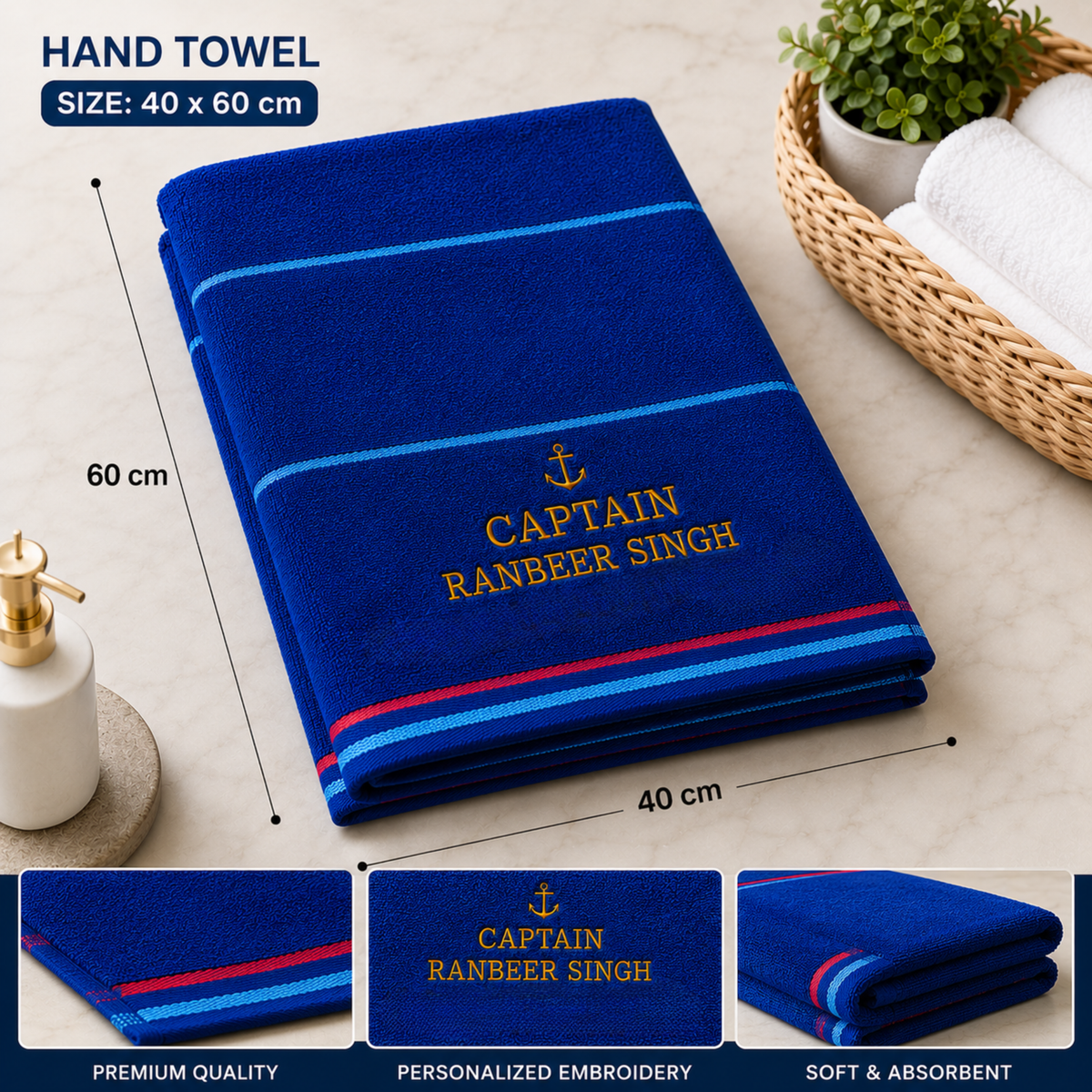 Jahaazi Personalized Merchant Navy Hand Towel – Premium 550 GSM 100% Cotton | 40 x 60 cm