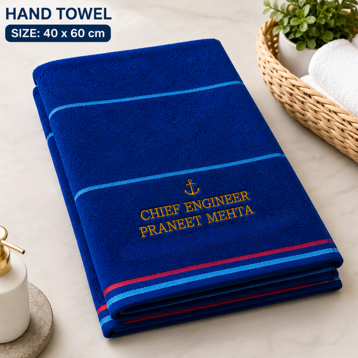 Jahaazi Personalized Merchant Navy Hand Towel – Premium 550 GSM 100% Cotton | 40 x 60 cm