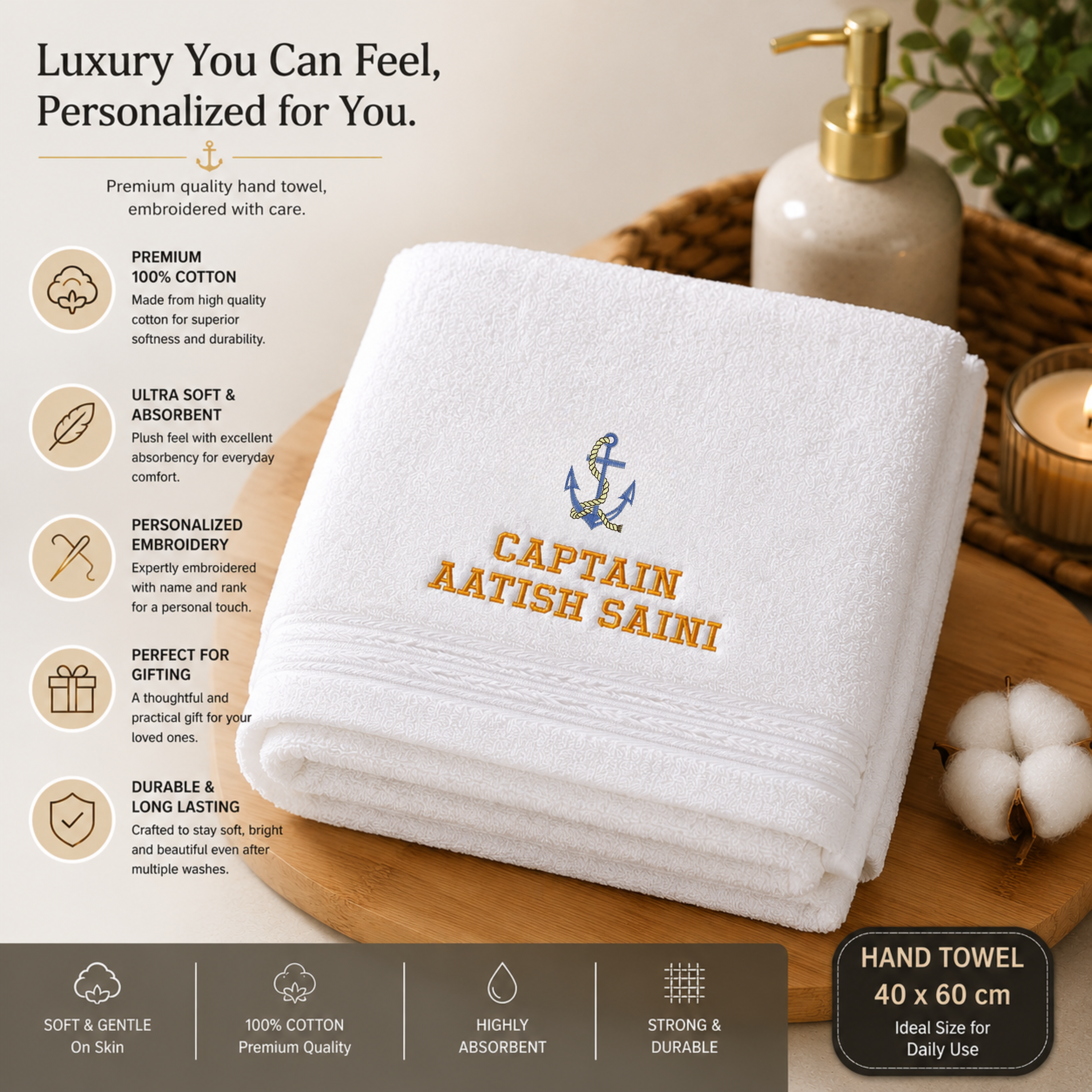 Jahaazi Personalized Merchant Navy Hand Towel – Premium 550 GSM 100% Cotton | 40 x 60 cm