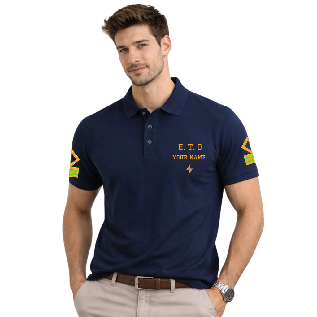 Jahaazi Premium ETO Polo T-Shirt for Merchant Navy | Embroidered ETO Rank & Name | ETO Rank on both sleeves | 100% Cotton | ETO Officer Marine Wear