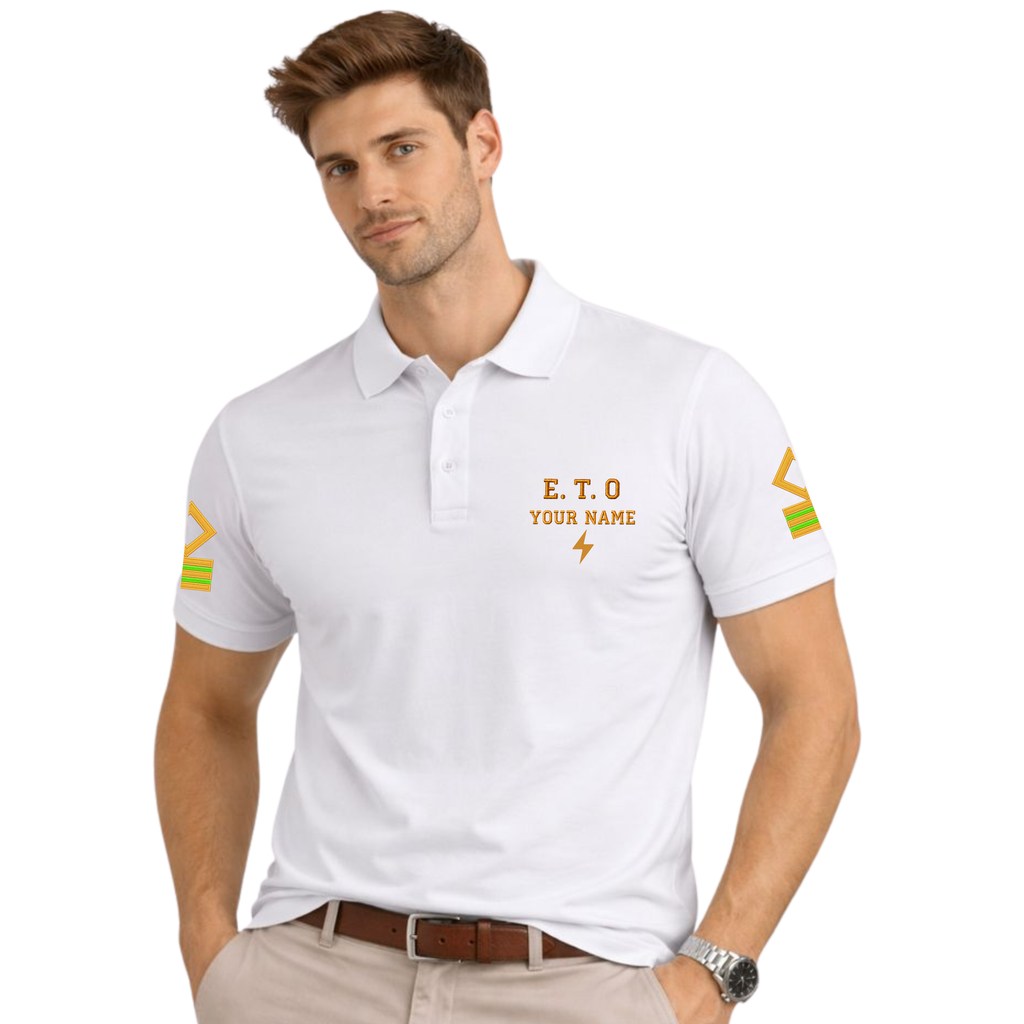 Jahaazi Premium ETO Polo T-Shirt for Merchant Navy | Embroidered ETO Rank & Name | ETO Rank on both sleeves | 100% Cotton | ETO Officer Marine Wear