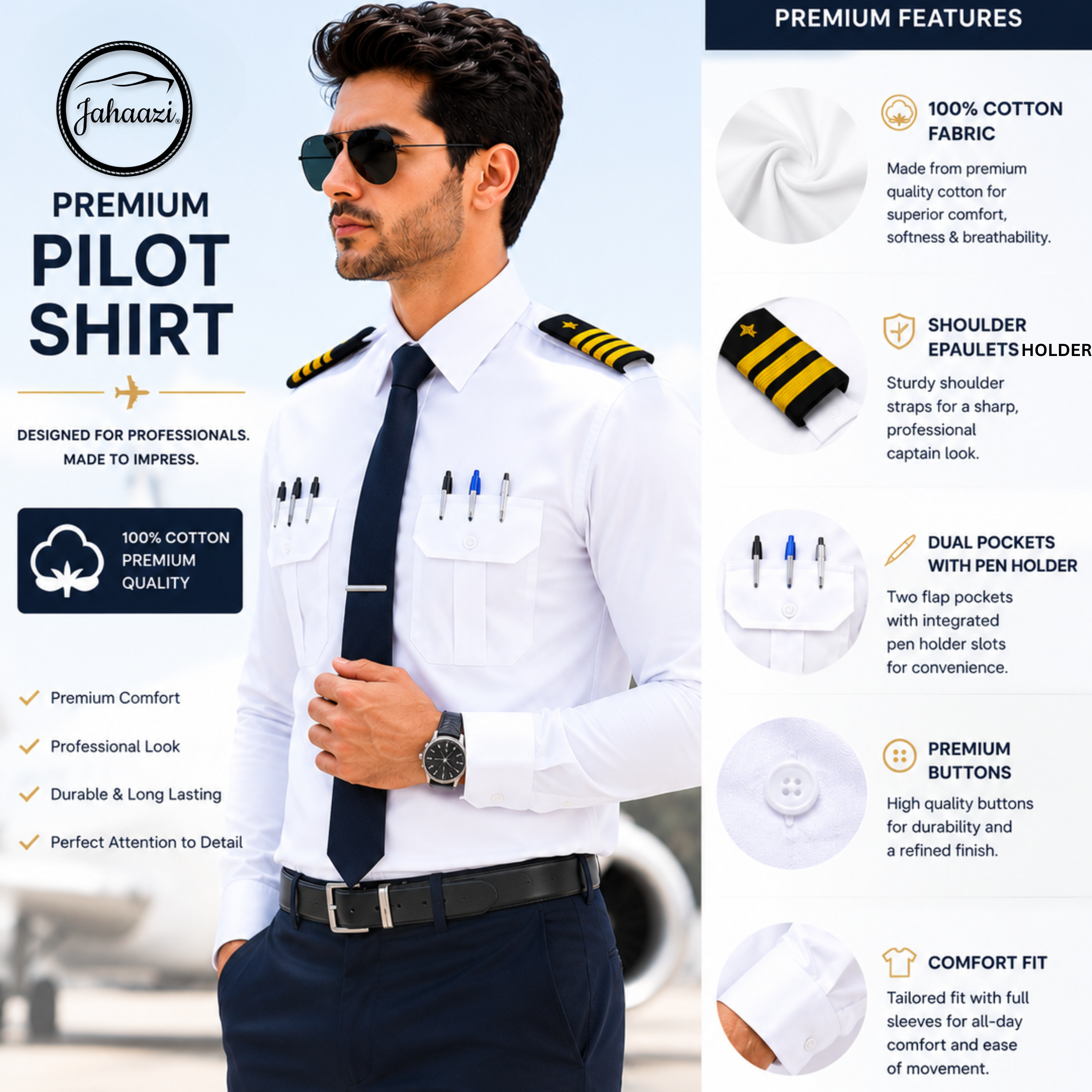JAHAAZI Premium Airline/Pilot/Merchant Navy Shirt 100% Cotton | shoulder Strap | Pen Holder